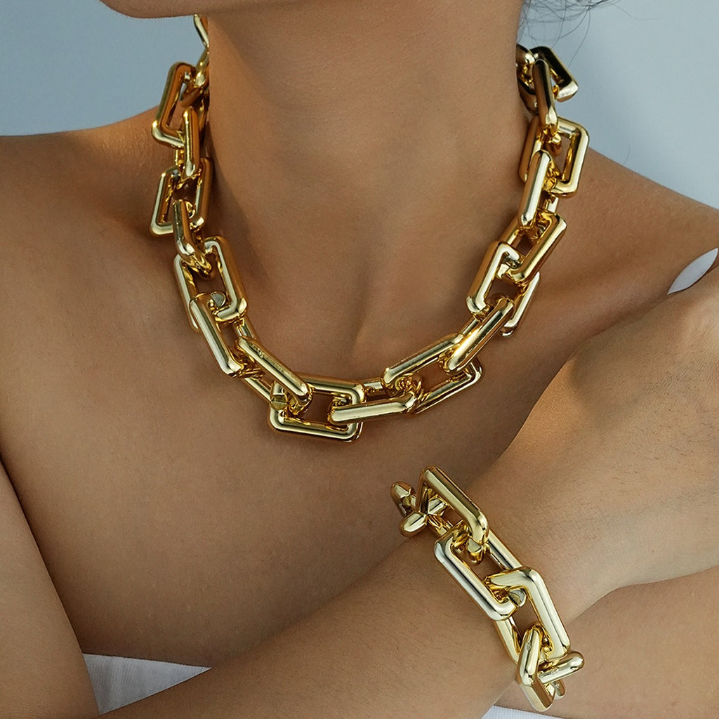 Geometric rectangular chunky chain bracelet and necklace set