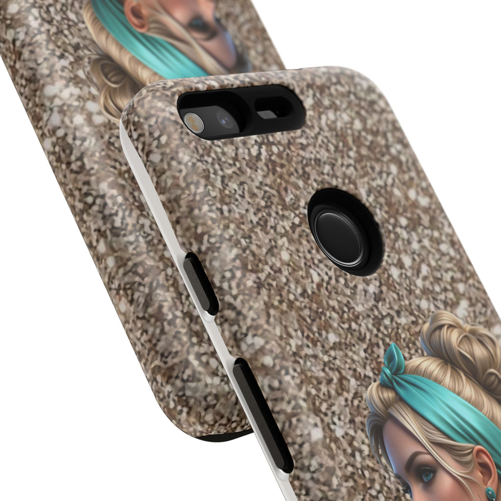 Parisian Glam Phone Case — Retro Pin-Up Girl with Teal Headscarf on Glitter Background Printify