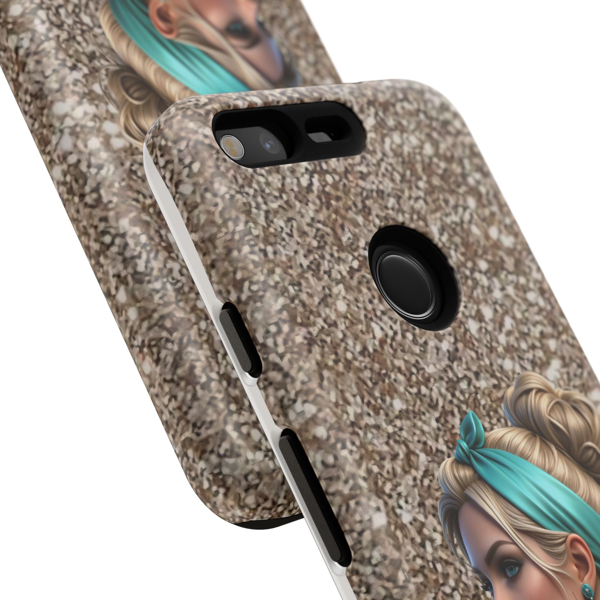 Parisian Glam Phone Case — Retro Pin-Up Girl with Teal Headscarf on Glitter Background Printify