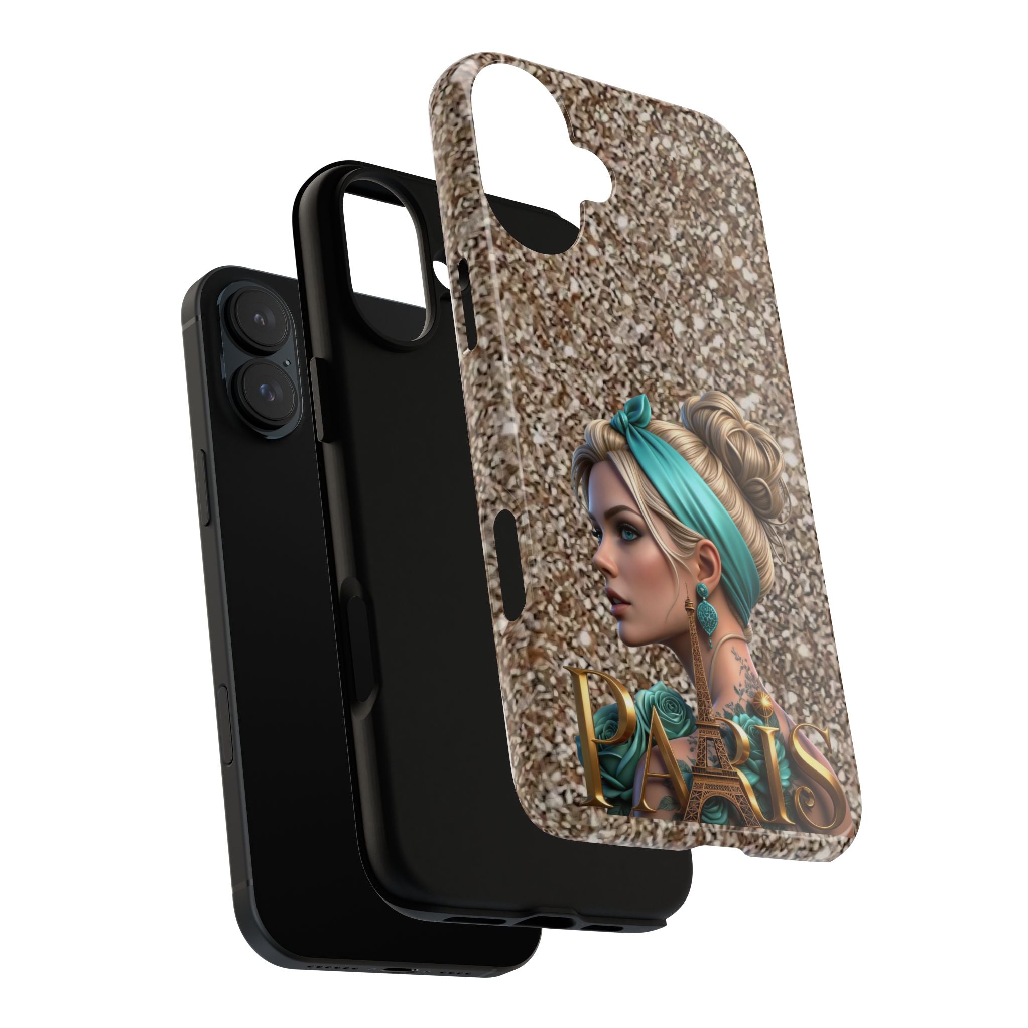 Parisian Glam Phone Case — Retro Pin-Up Girl with Teal Headscarf on Glitter Background Printify