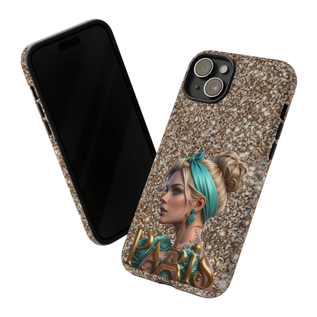 Parisian Glam Phone Case — Retro Pin-Up Girl with Teal Headscarf on Glitter Background Printify