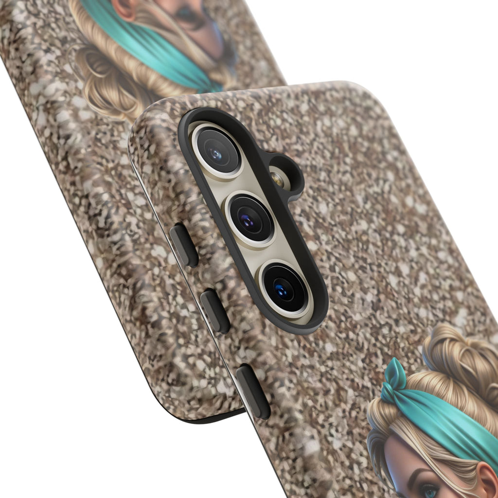 Parisian Glam Phone Case — Retro Pin-Up Girl with Teal Headscarf on Glitter Background Printify