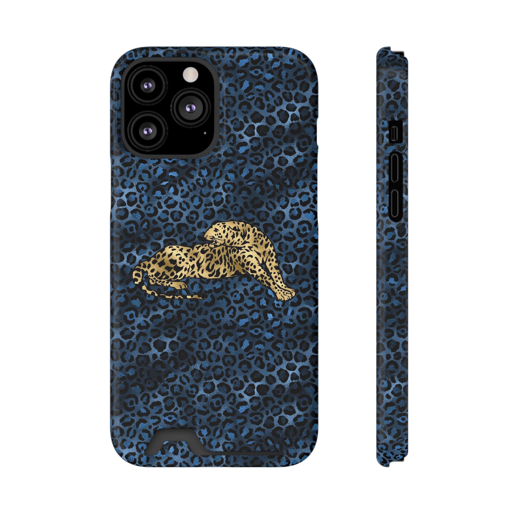 Blue Leopard Phone Case with Card Holder — Gold Cheetah Accent Printify
