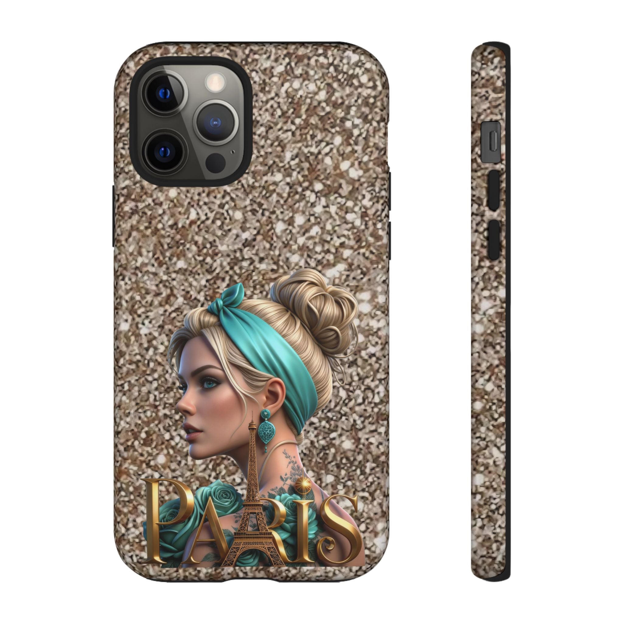 Parisian Glam Phone Case — Retro Pin-Up Girl with Teal Headscarf on Glitter Background Printify