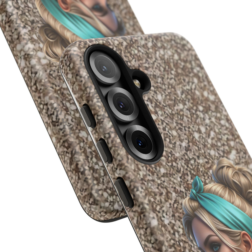 Parisian Glam Phone Case — Retro Pin-Up Girl with Teal Headscarf on Glitter Background Printify