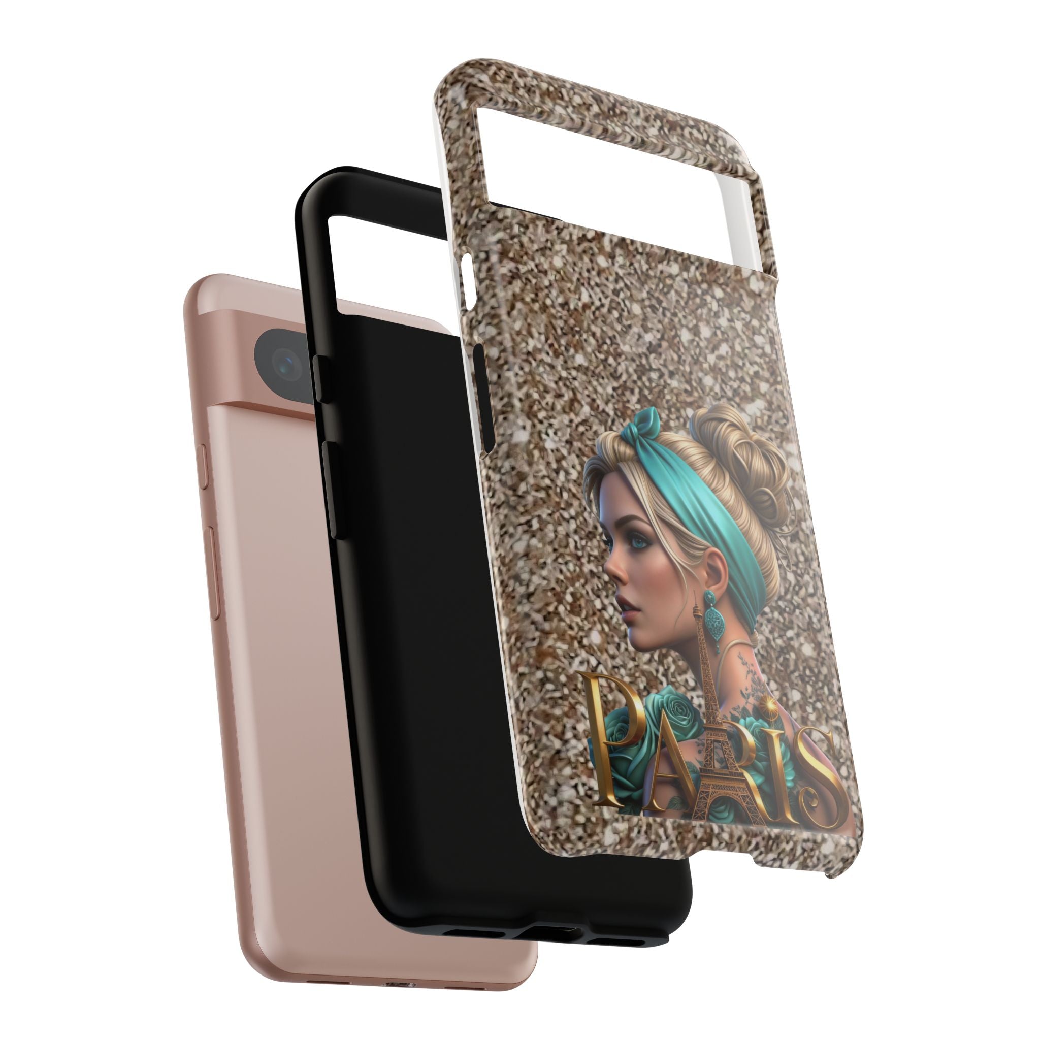 Parisian Glam Phone Case — Retro Pin-Up Girl with Teal Headscarf on Glitter Background Printify