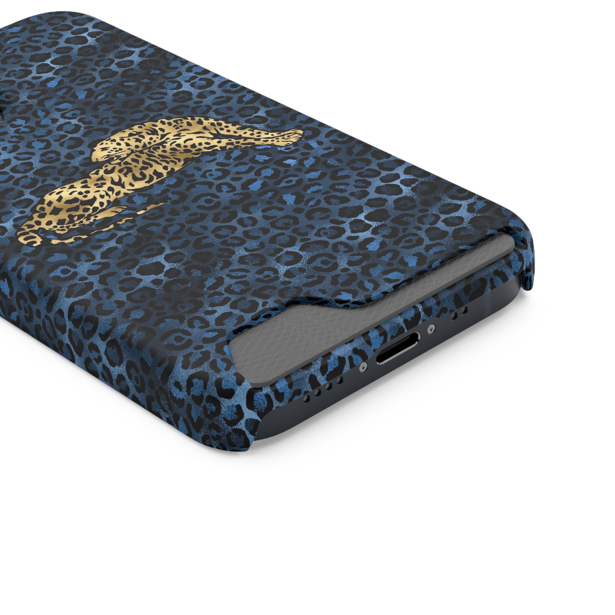 Blue Leopard Phone Case with Card Holder — Gold Cheetah Accent Printify