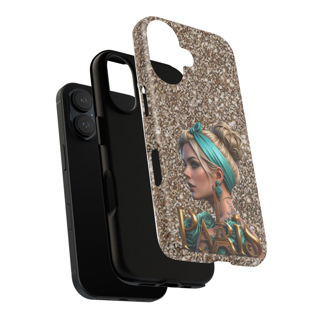 Parisian Glam Phone Case — Retro Pin-Up Girl with Teal Headscarf on Glitter Background Printify