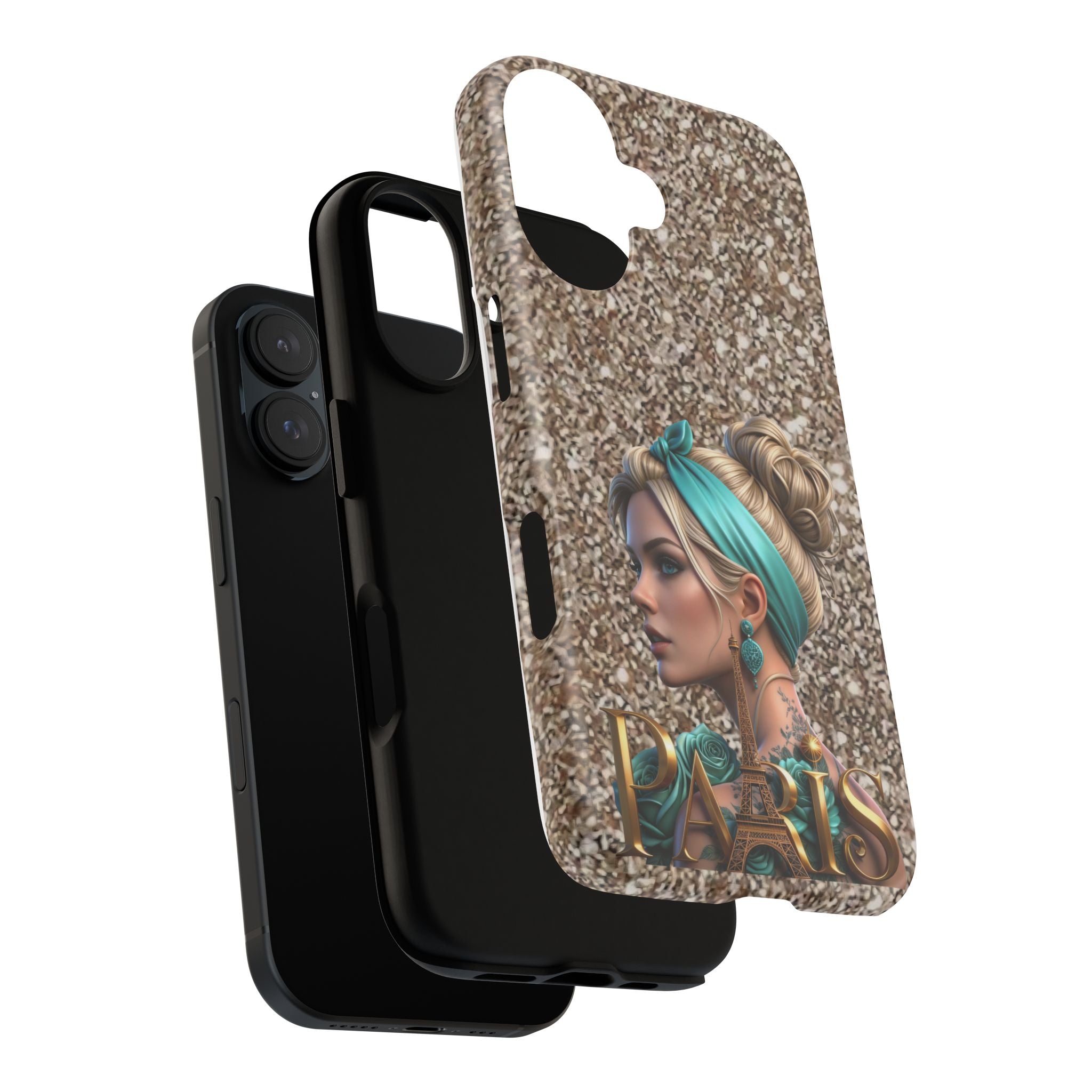Parisian Glam Phone Case — Retro Pin-Up Girl with Teal Headscarf on Glitter Background Printify