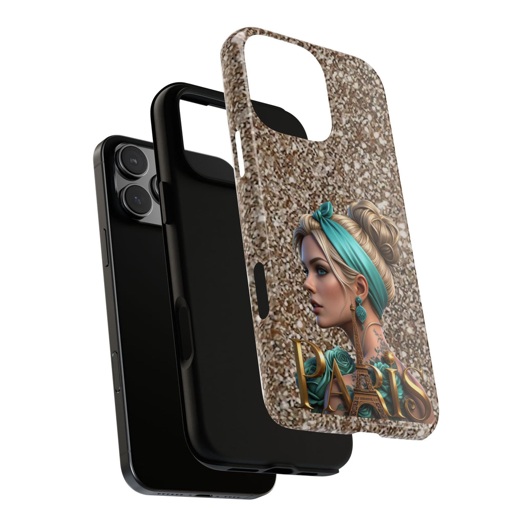 Parisian Glam Phone Case — Retro Pin-Up Girl with Teal Headscarf on Glitter Background Printify