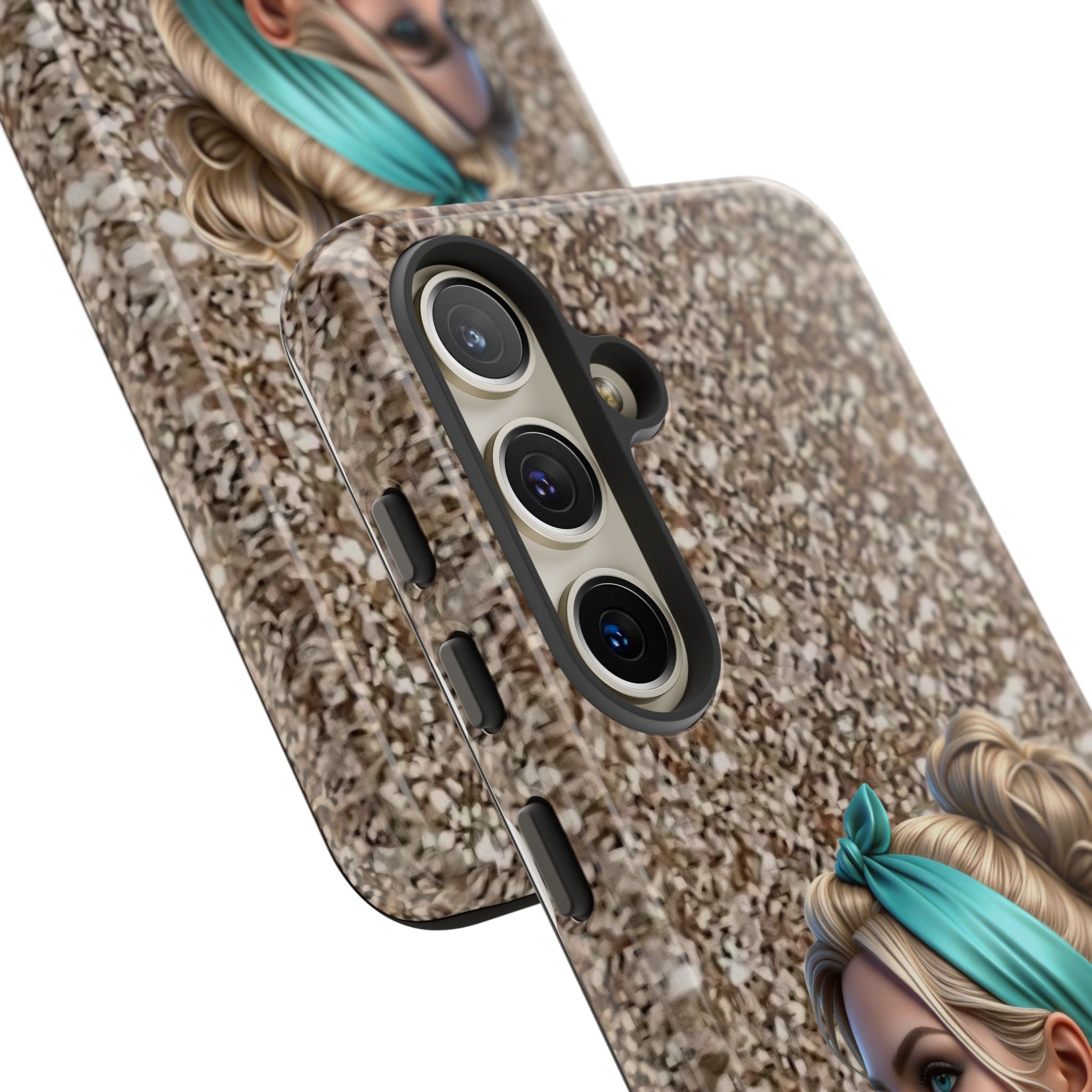 Parisian Glam Phone Case — Retro Pin-Up Girl with Teal Headscarf on Glitter Background Printify