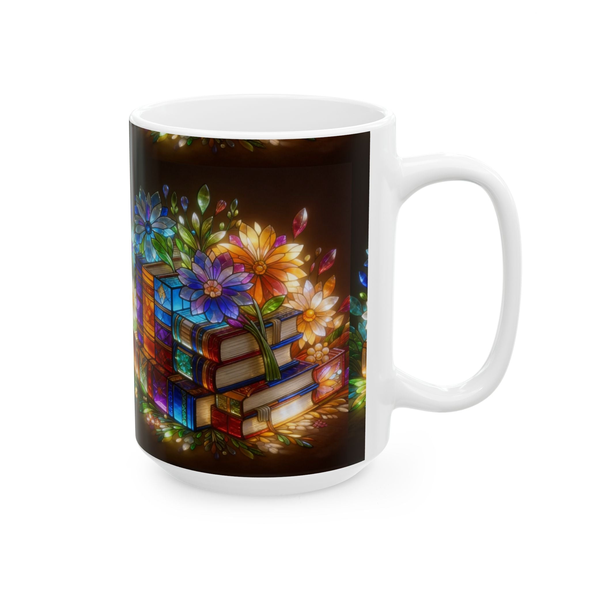 Color Glas Ceramic Mug — Stained Glass Books & Flowers Floral Reading Mug (11oz/15oz) Printify