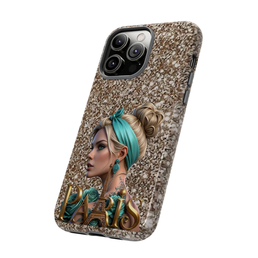 Parisian Glam Phone Case — Retro Pin-Up Girl with Teal Headscarf on Glitter Background Printify