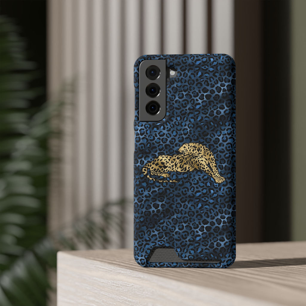 Blue Leopard Phone Case with Card Holder — Gold Cheetah Accent Printify