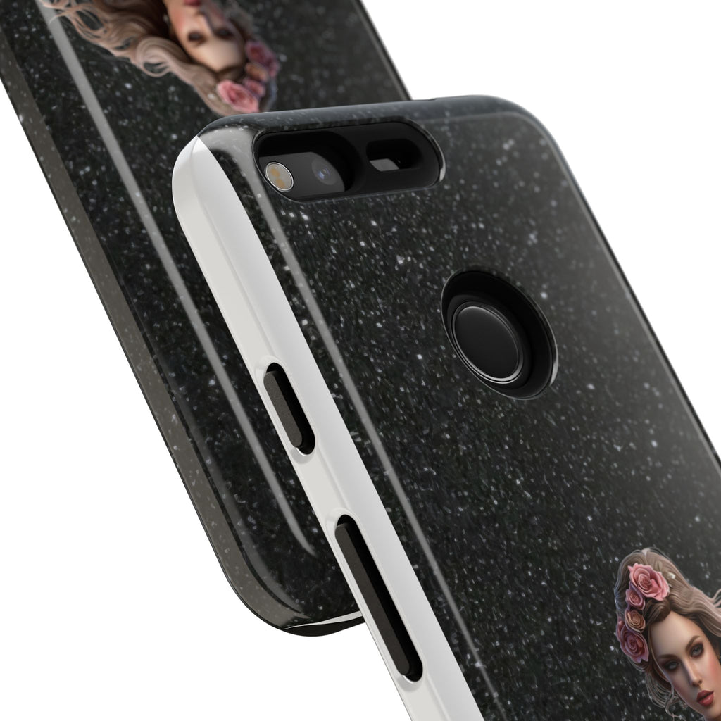 Floral Gothic Phone Case — Rose Crowned Woman on Sparkle Black Printify