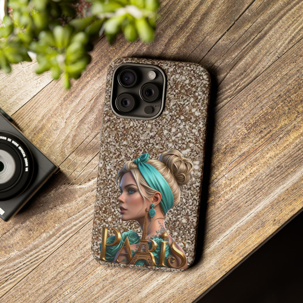 Parisian Glam Phone Case — Retro Pin-Up Girl with Teal Headscarf on Glitter Background Printify