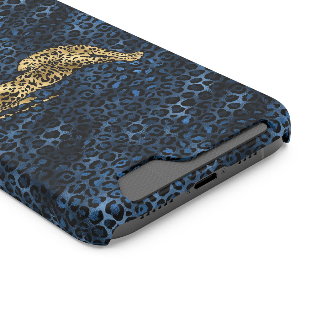 Blue Leopard Phone Case with Card Holder — Gold Cheetah Accent Printify
