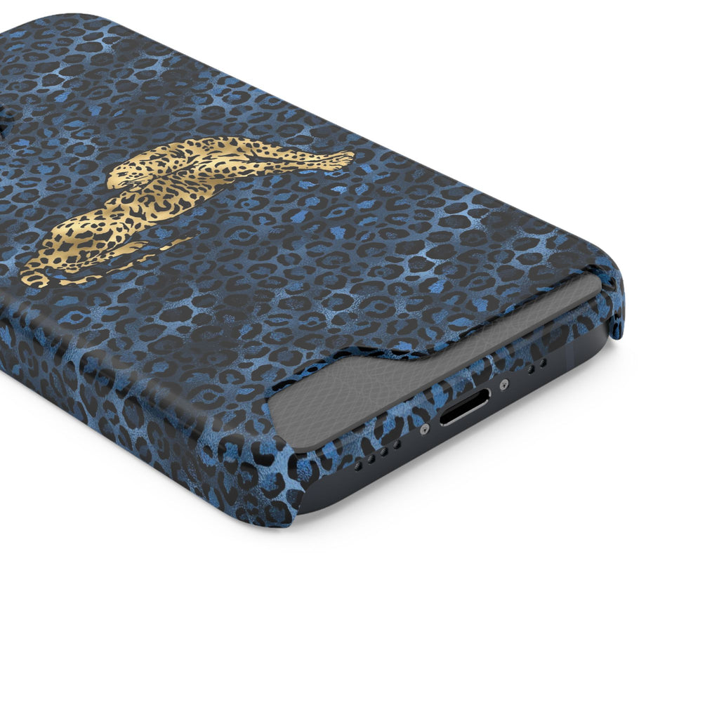 Blue Leopard Phone Case with Card Holder — Gold Cheetah Accent Printify