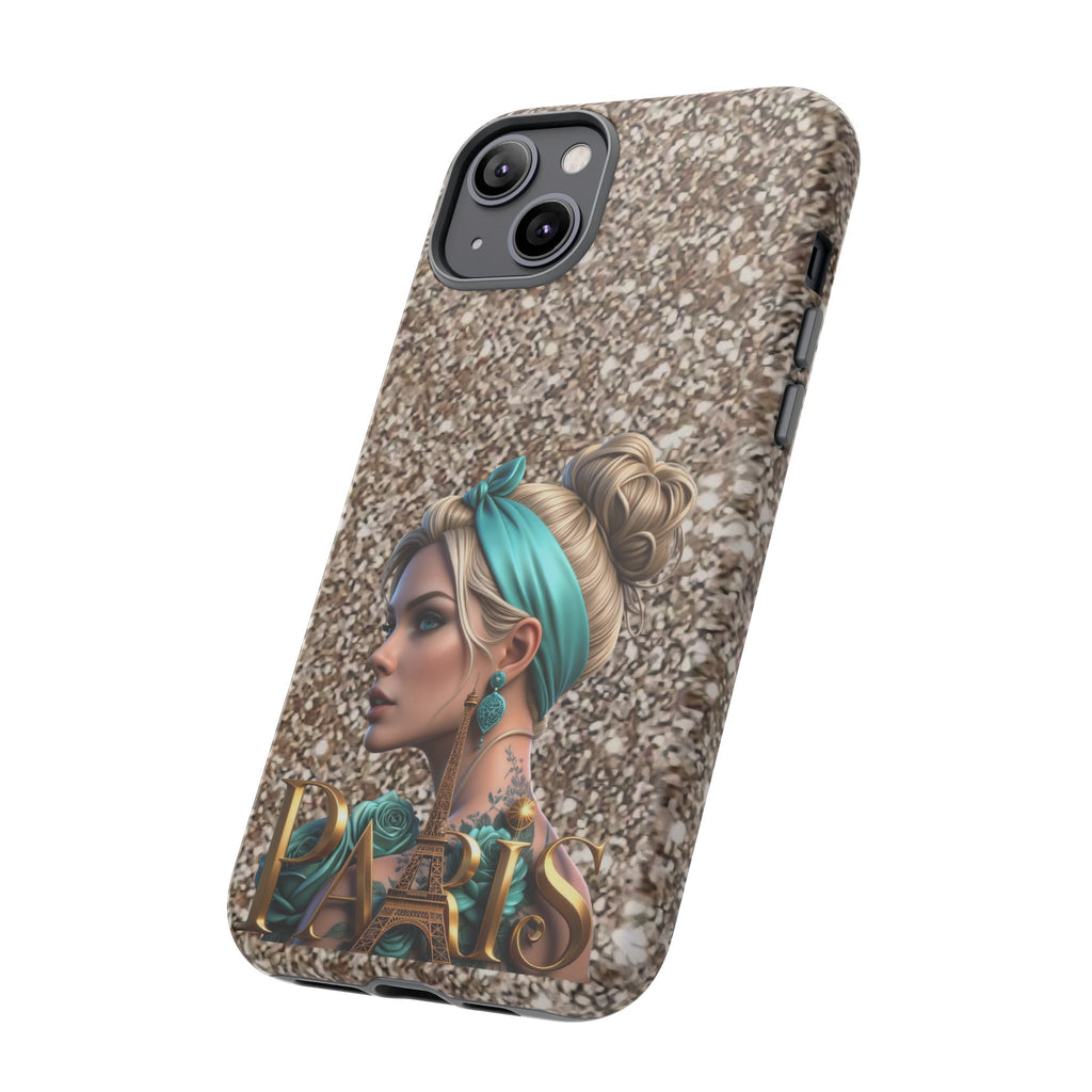 Parisian Glam Phone Case — Retro Pin-Up Girl with Teal Headscarf on Glitter Background Printify