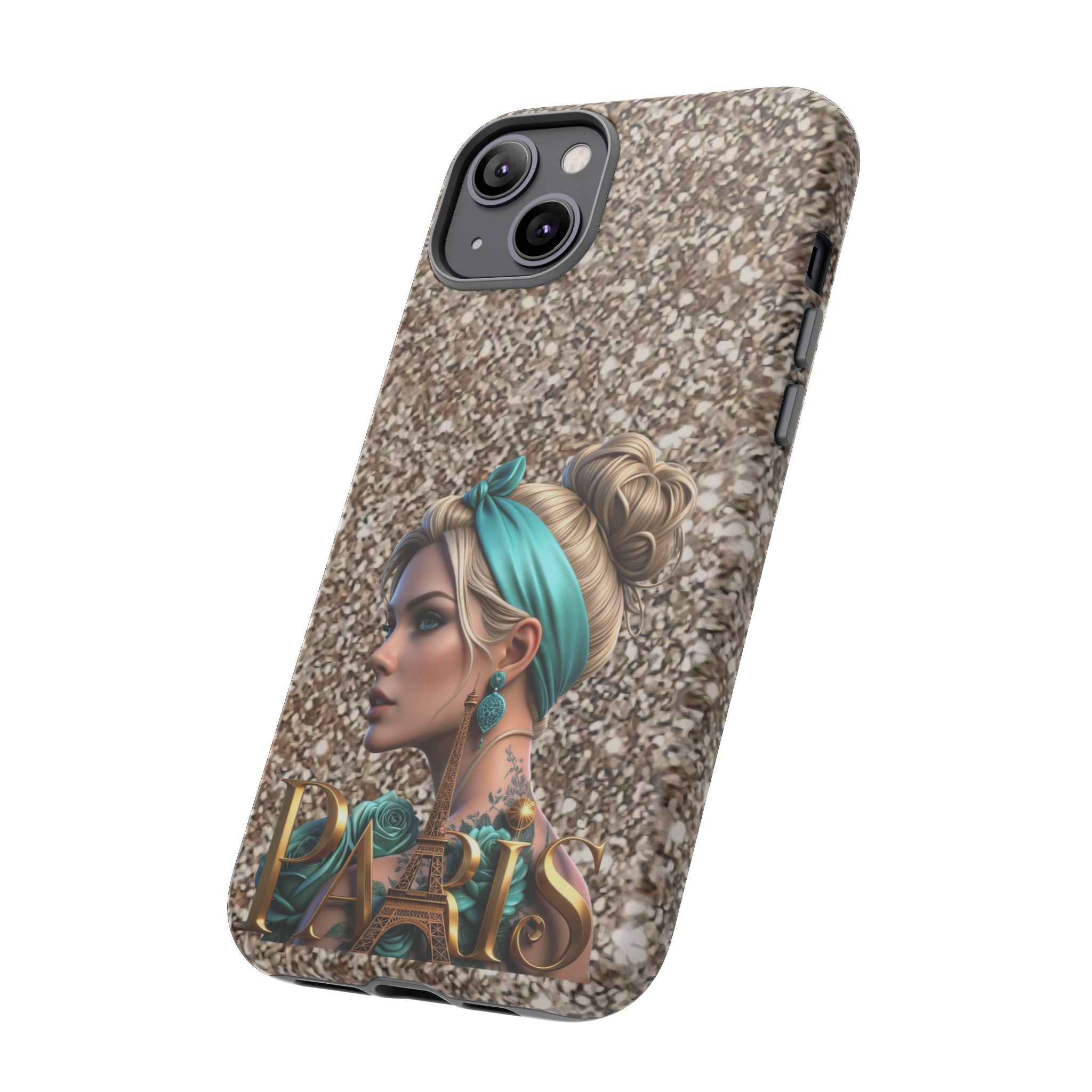 Parisian Glam Phone Case — Retro Pin-Up Girl with Teal Headscarf on Glitter Background Printify