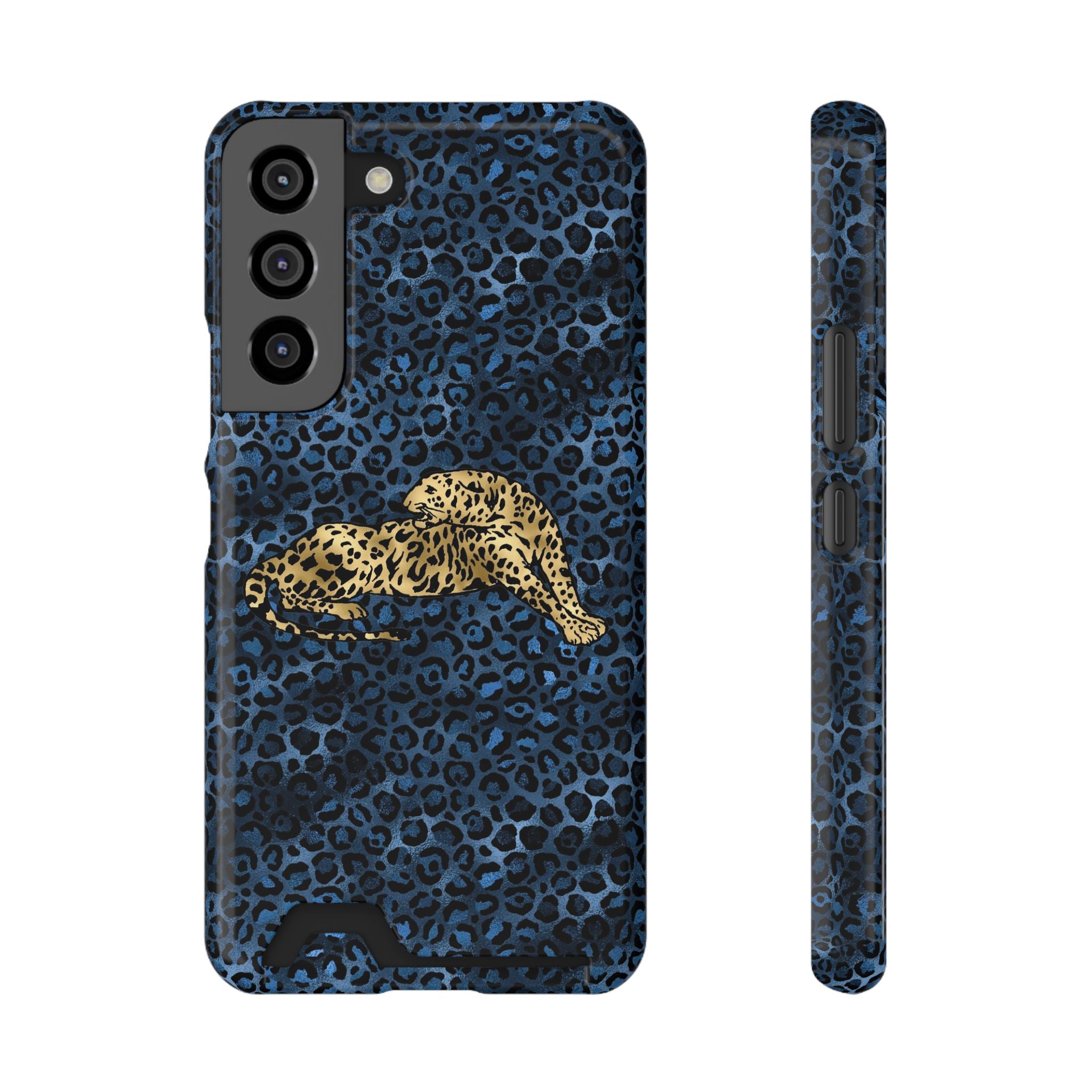 Blue Leopard Phone Case with Card Holder — Gold Cheetah Accent Printify