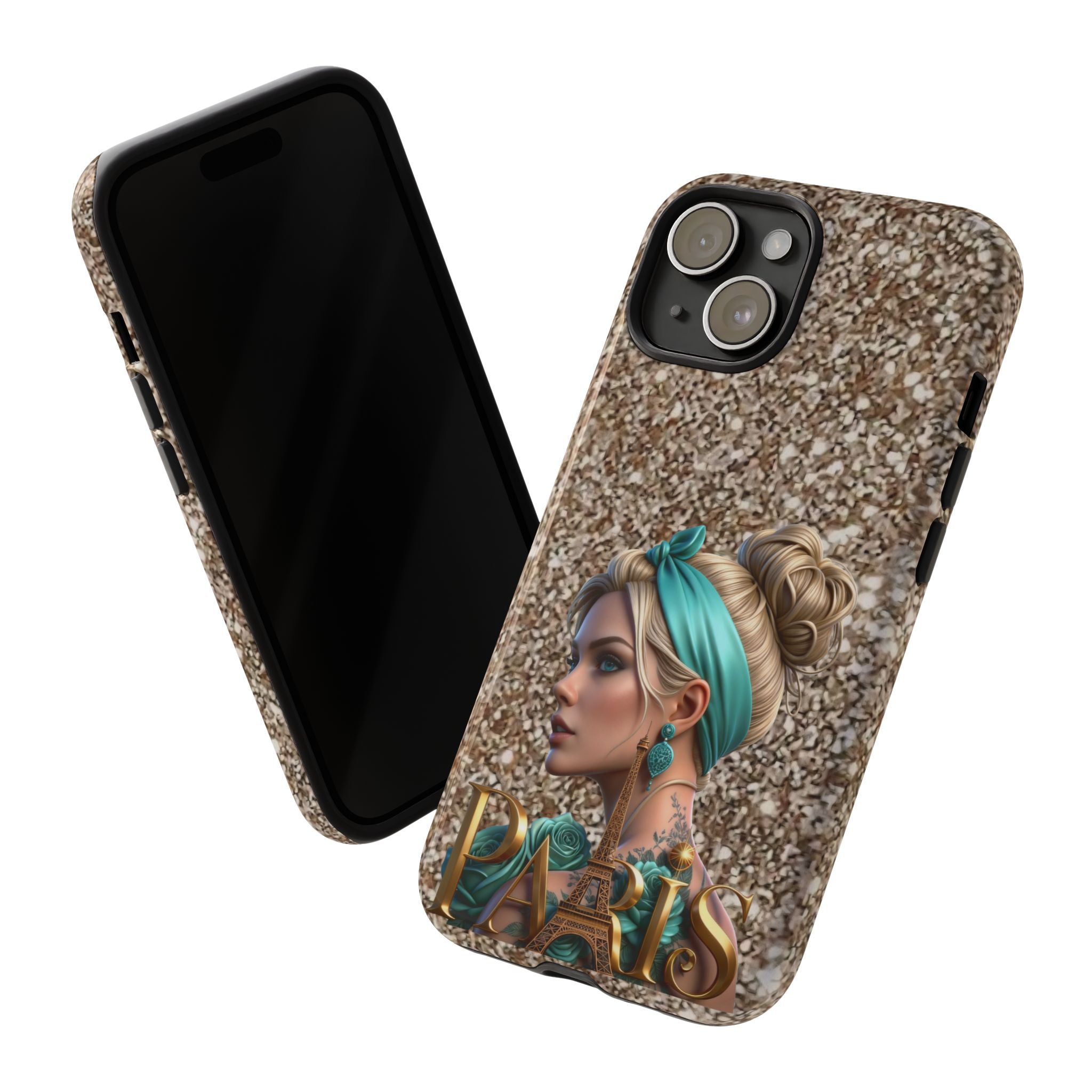 Parisian Glam Phone Case — Retro Pin-Up Girl with Teal Headscarf on Glitter Background Printify