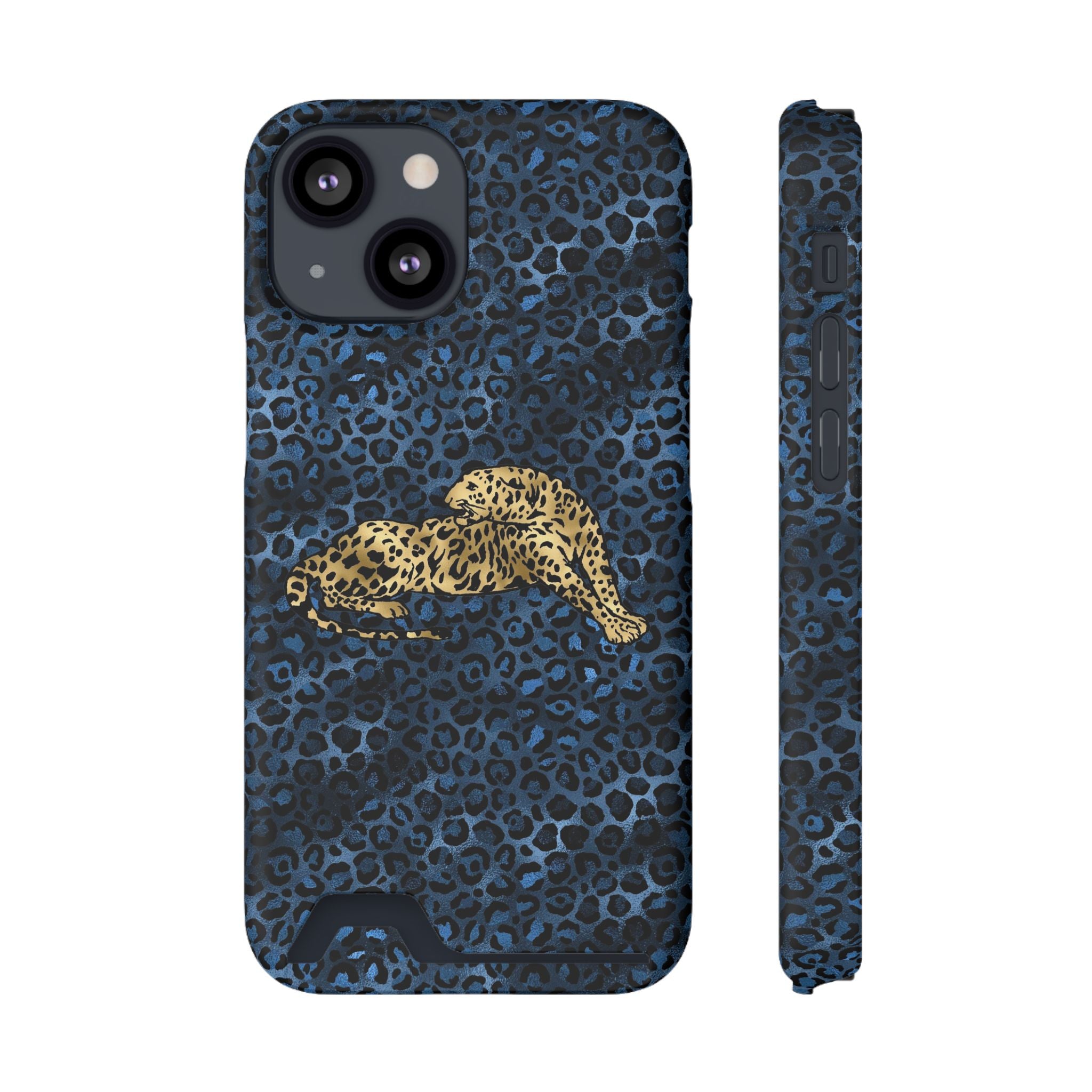 Blue Leopard Phone Case with Card Holder — Gold Cheetah Accent Printify