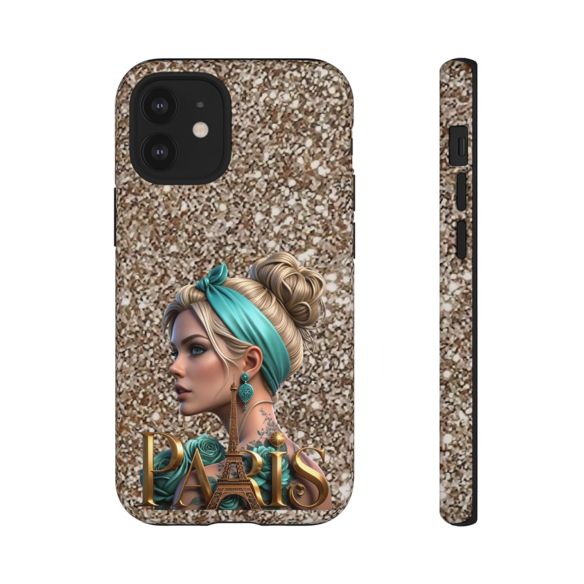 Parisian Glam Phone Case — Retro Pin-Up Girl with Teal Headscarf on Glitter Background Printify
