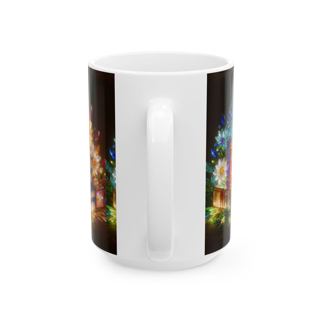 Color Glas Ceramic Mug — Stained Glass Books & Flowers Floral Reading Mug (11oz/15oz) Printify