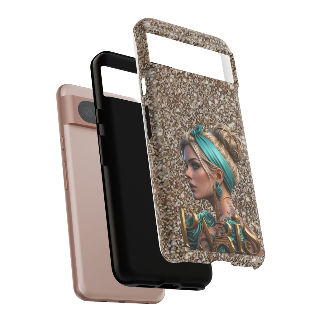 Parisian Glam Phone Case — Retro Pin-Up Girl with Teal Headscarf on Glitter Background Printify
