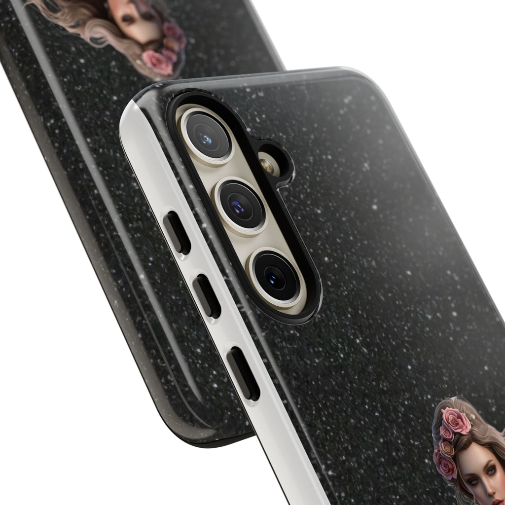 Floral Gothic Phone Case — Rose Crowned Woman on Sparkle Black Printify