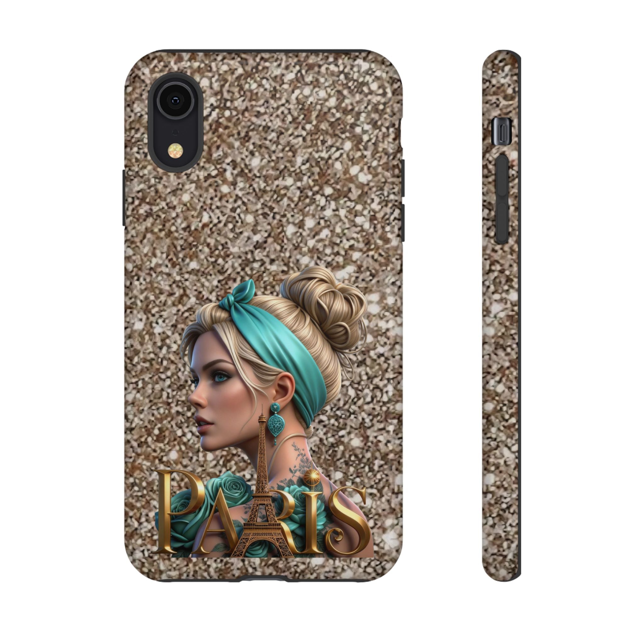 Parisian Glam Phone Case — Retro Pin-Up Girl with Teal Headscarf on Glitter Background Printify