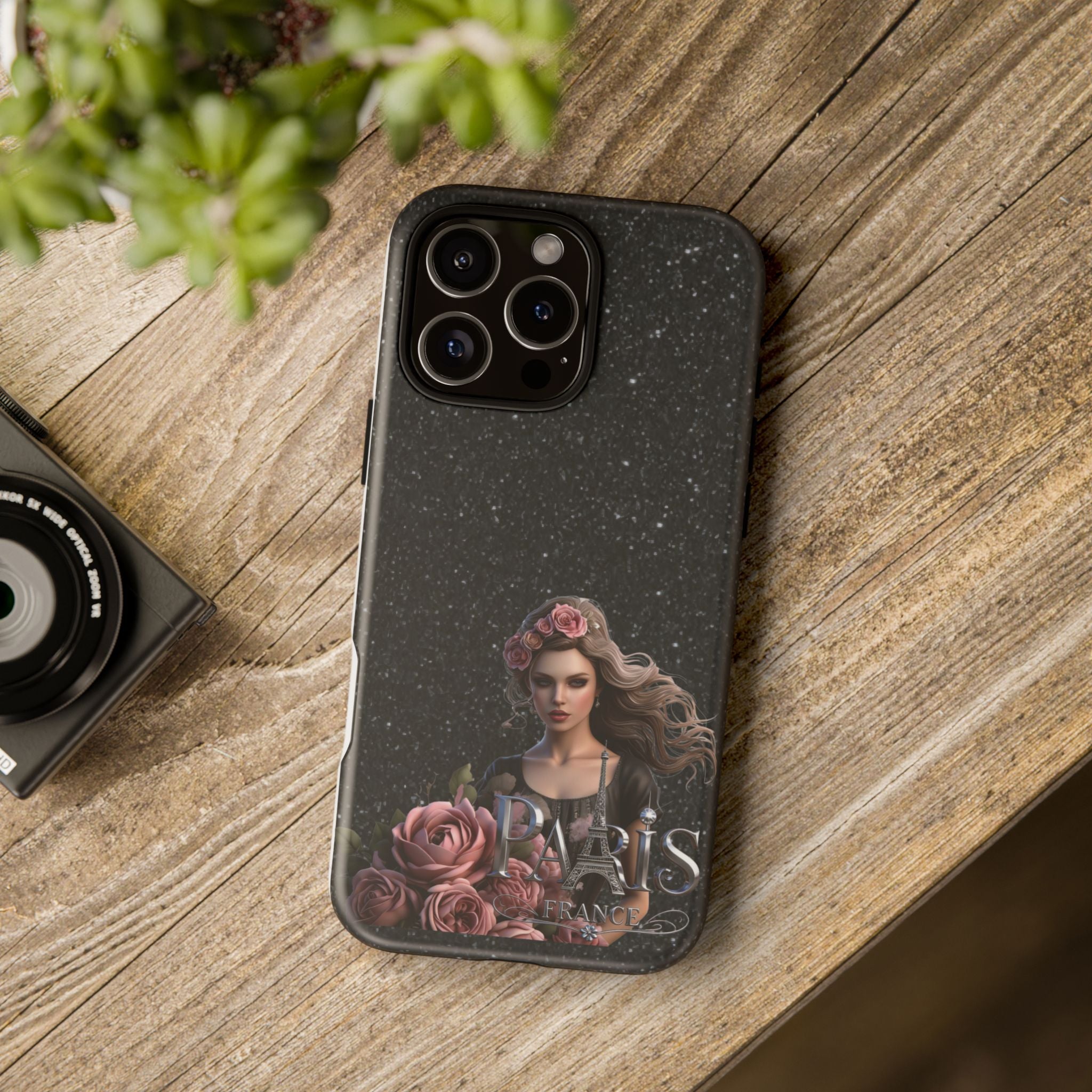 Floral Gothic Phone Case — Rose Crowned Woman on Sparkle Black Printify