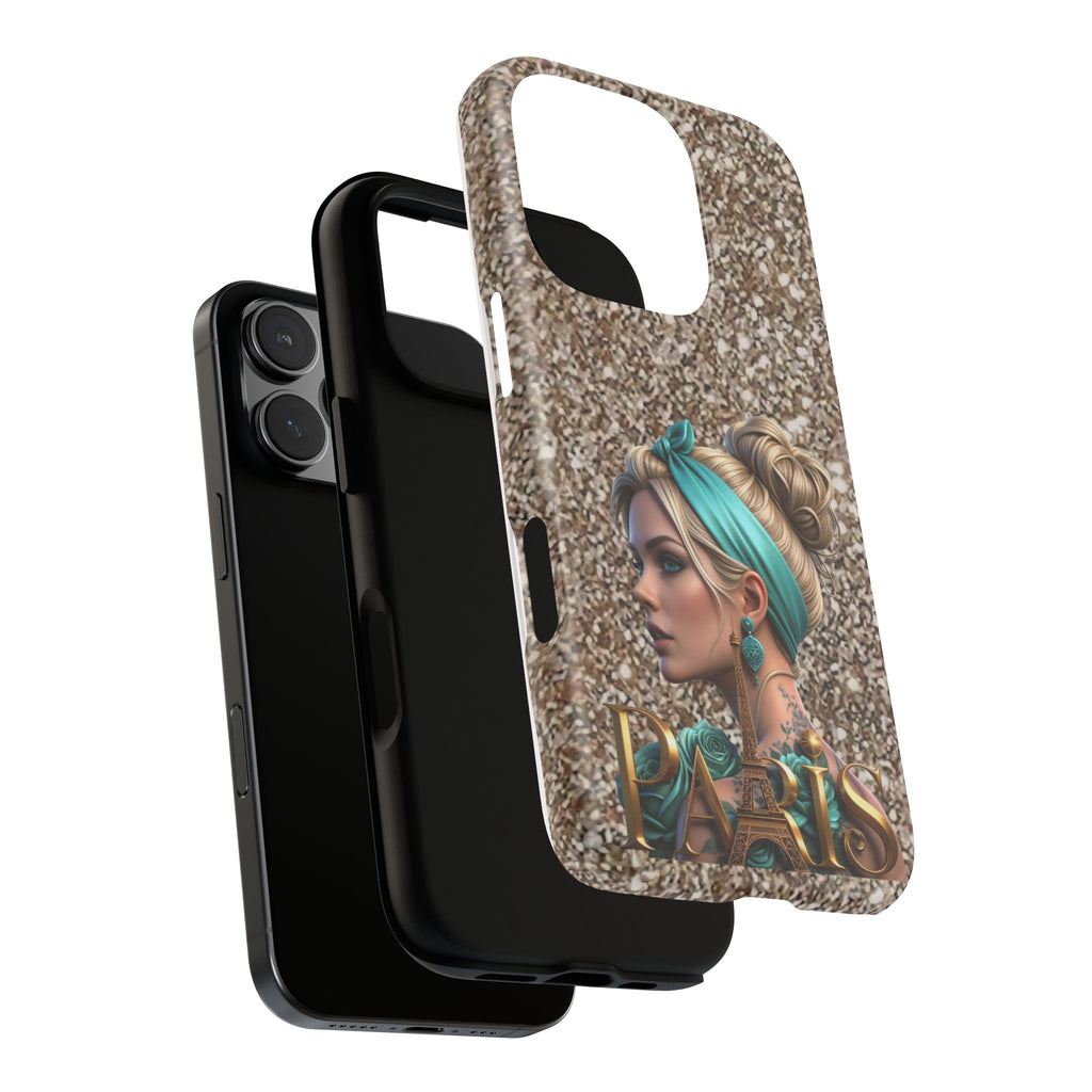 Parisian Glam Phone Case — Retro Pin-Up Girl with Teal Headscarf on Glitter Background Printify