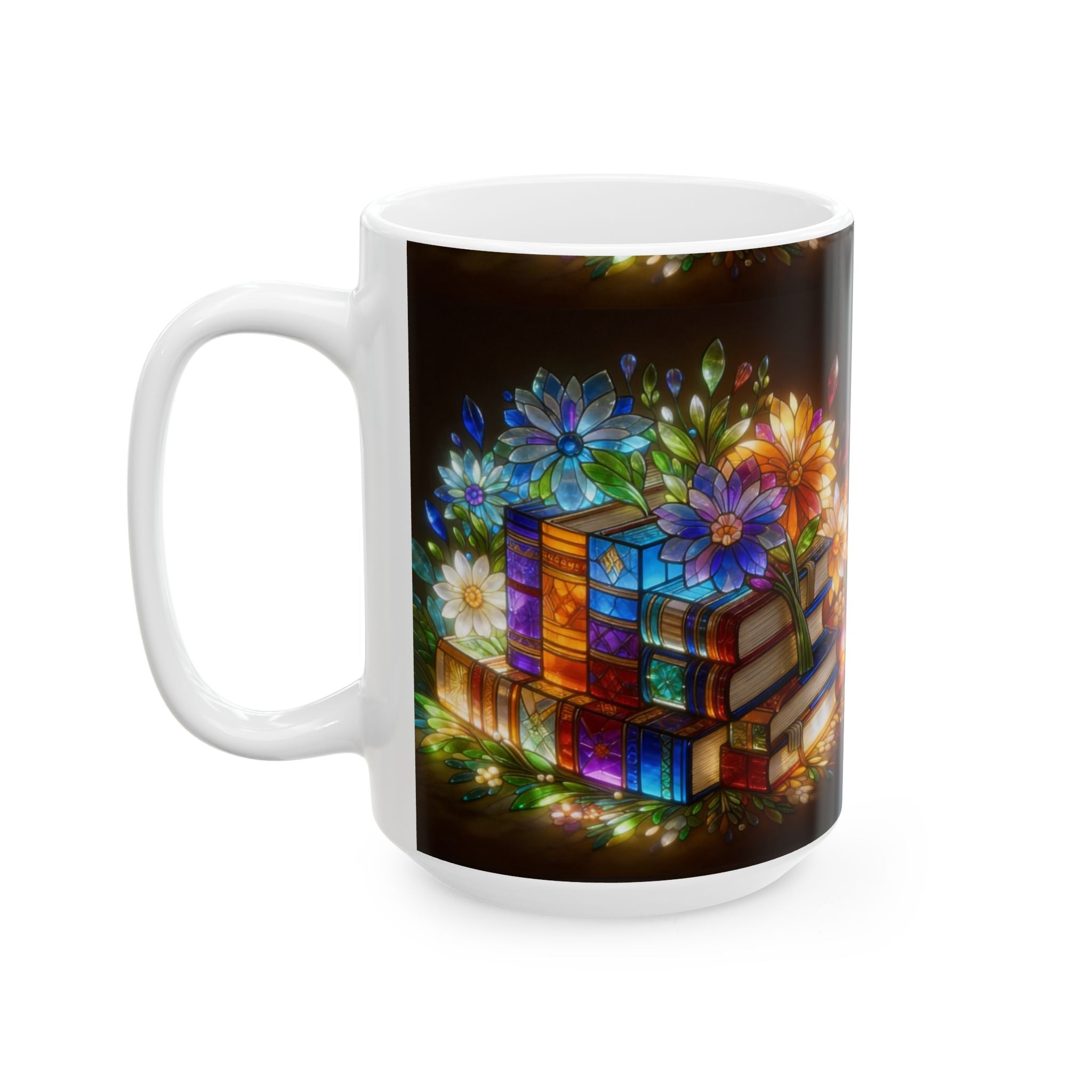 Color Glas Ceramic Mug — Stained Glass Books & Flowers Floral Reading Mug (11oz/15oz) Printify