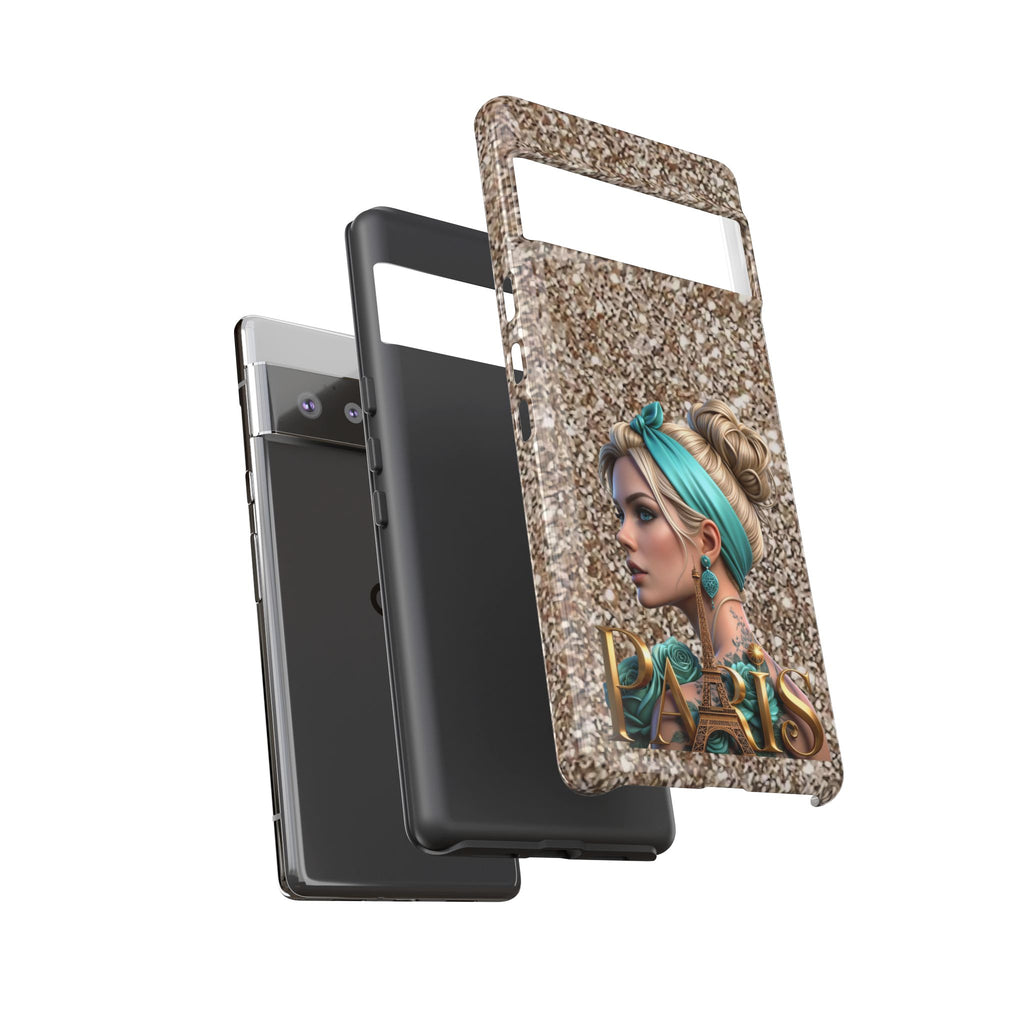 Parisian Glam Phone Case — Retro Pin-Up Girl with Teal Headscarf on Glitter Background Printify