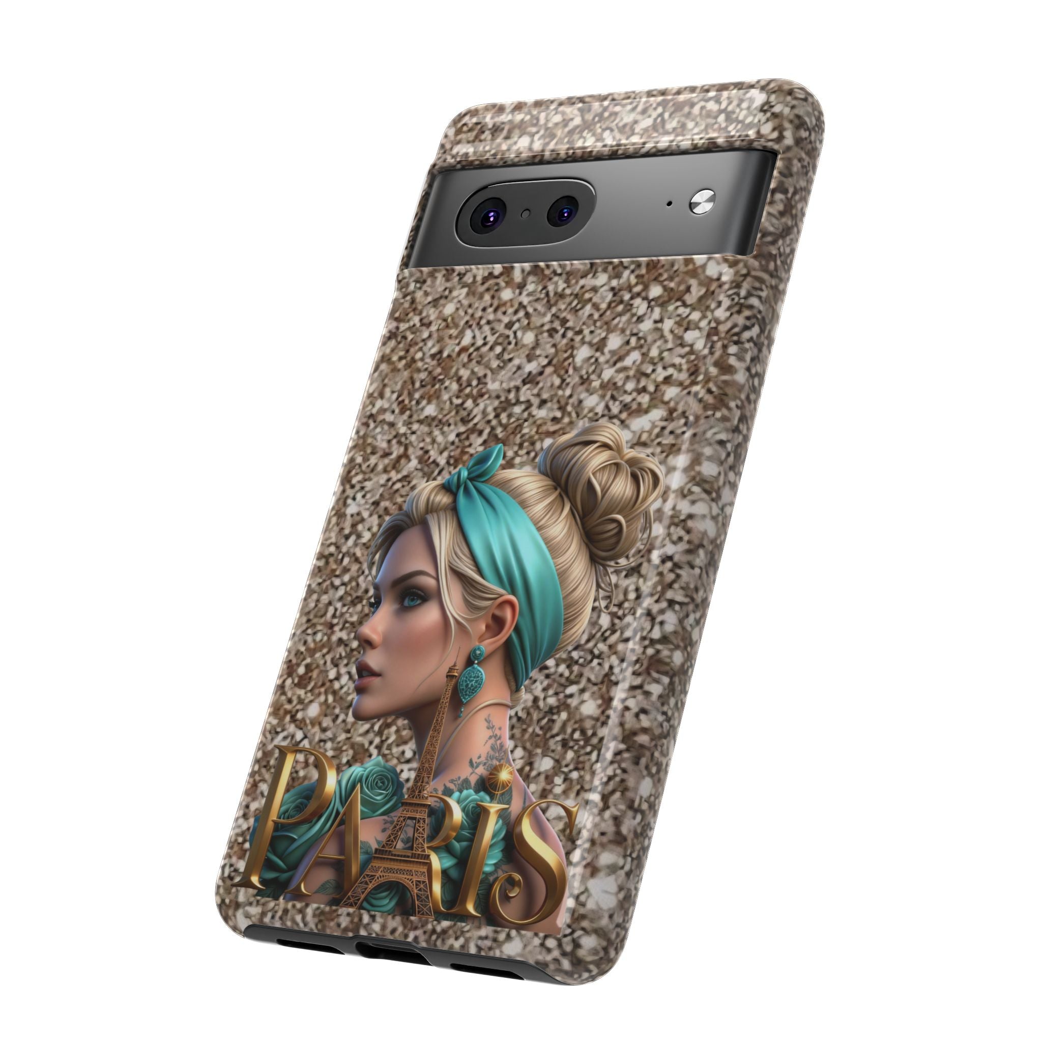 Parisian Glam Phone Case — Retro Pin-Up Girl with Teal Headscarf on Glitter Background Printify