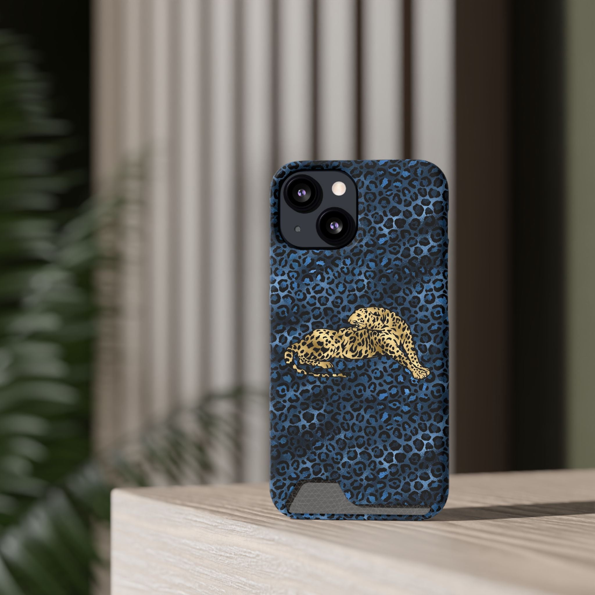 Blue Leopard Phone Case with Card Holder — Gold Cheetah Accent Printify