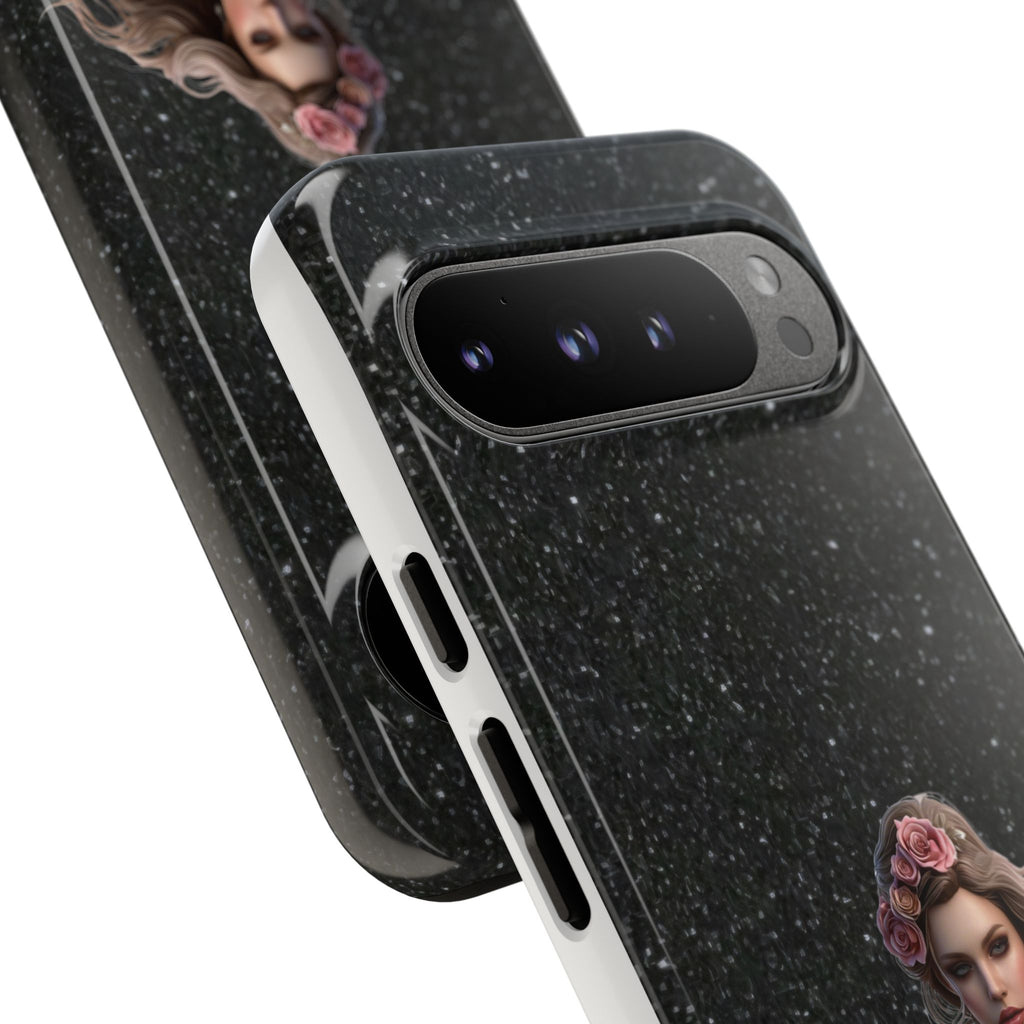 Floral Gothic Phone Case — Rose Crowned Woman on Sparkle Black Printify