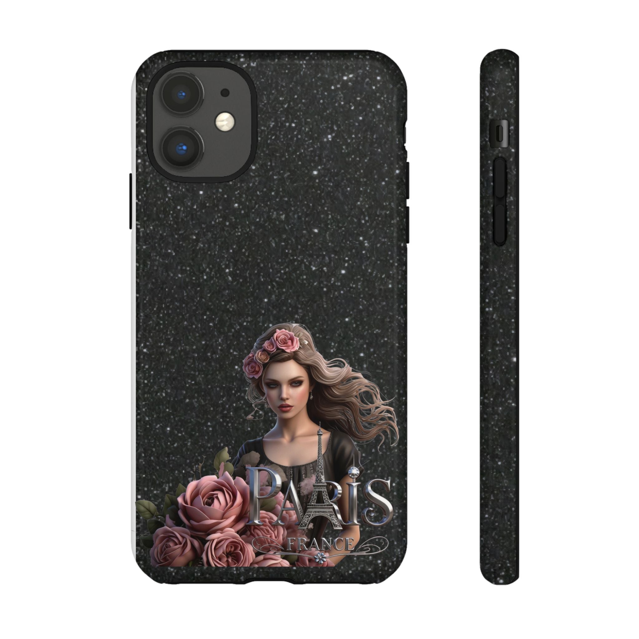Floral Gothic Phone Case — Rose Crowned Woman on Sparkle Black Printify