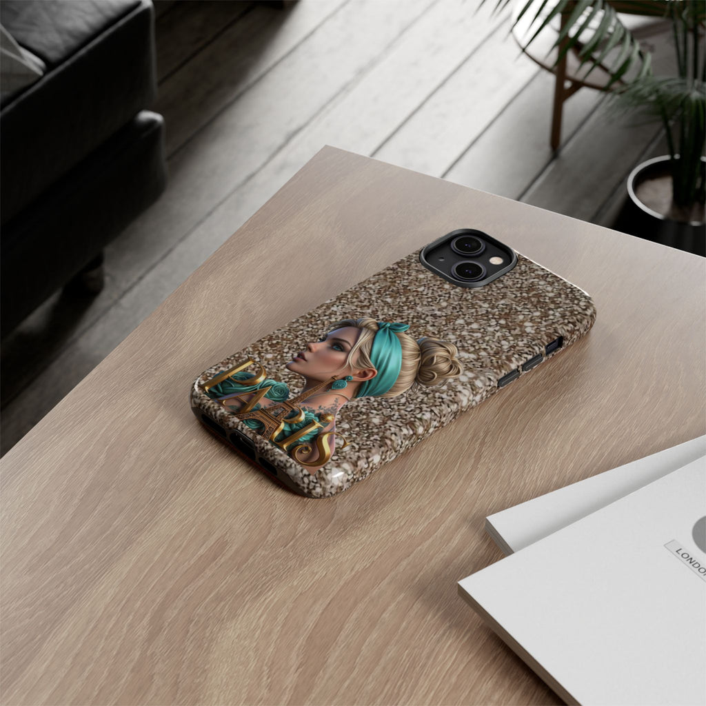 Parisian Glam Phone Case — Retro Pin-Up Girl with Teal Headscarf on Glitter Background Printify