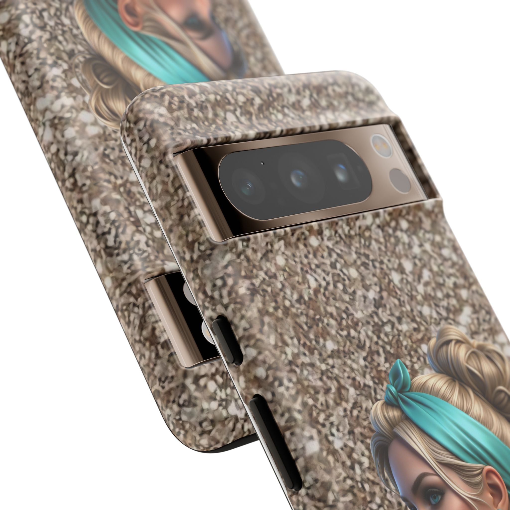 Parisian Glam Phone Case — Retro Pin-Up Girl with Teal Headscarf on Glitter Background Printify