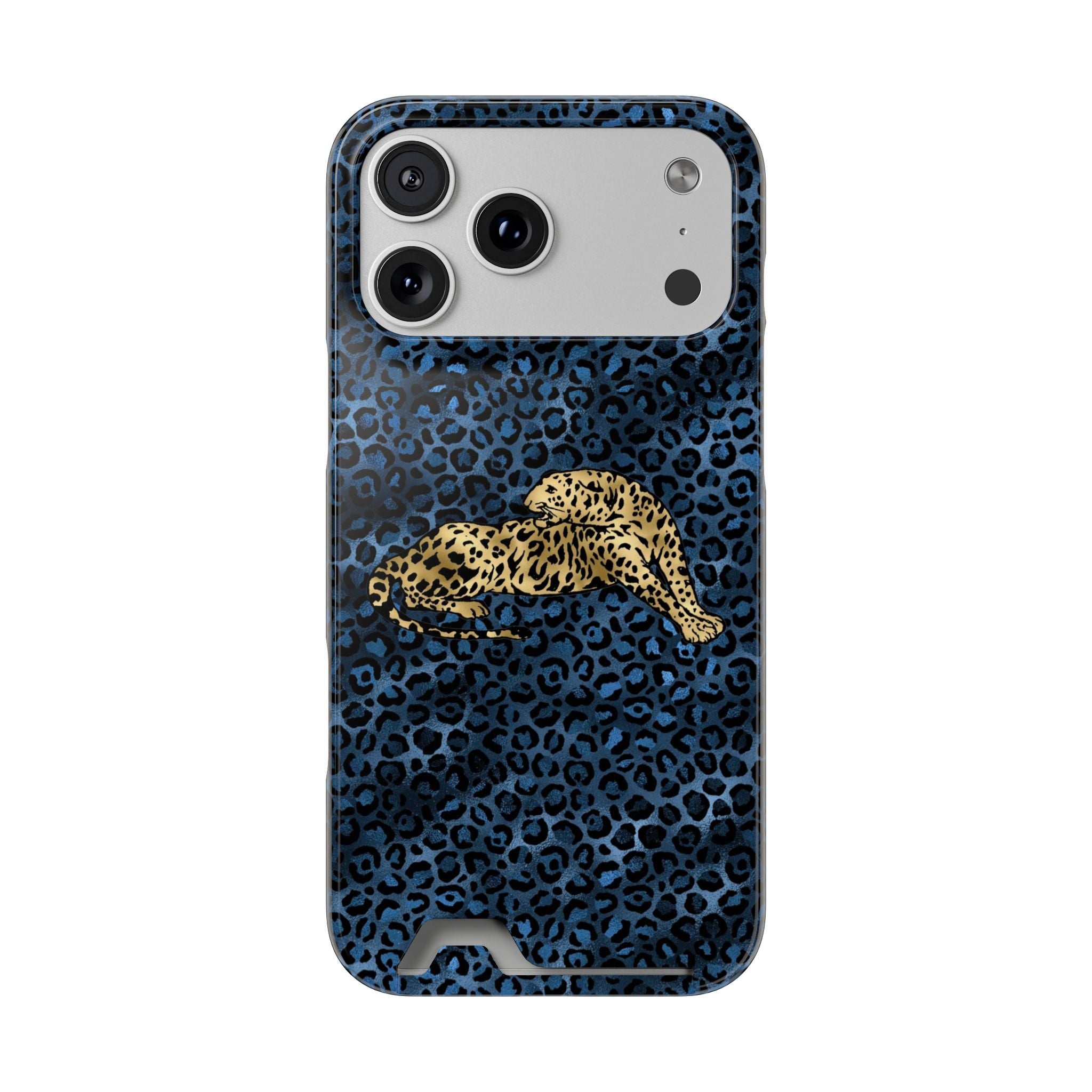 Blue Leopard Phone Case with Card Holder — Gold Cheetah Accent Printify