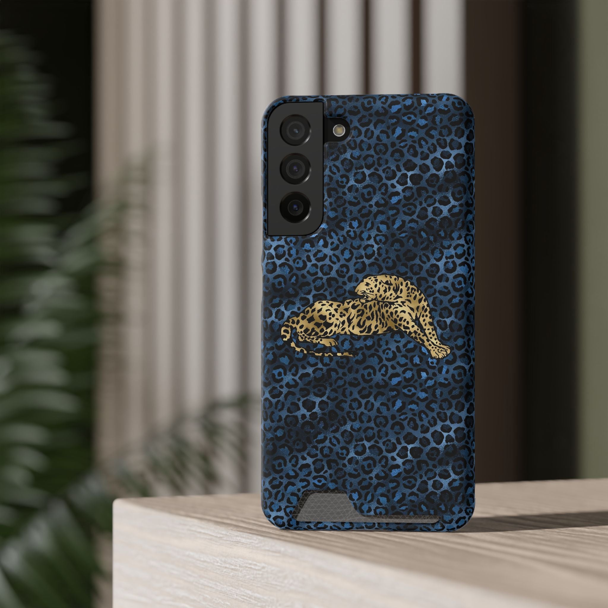 Blue Leopard Phone Case with Card Holder — Gold Cheetah Accent Printify