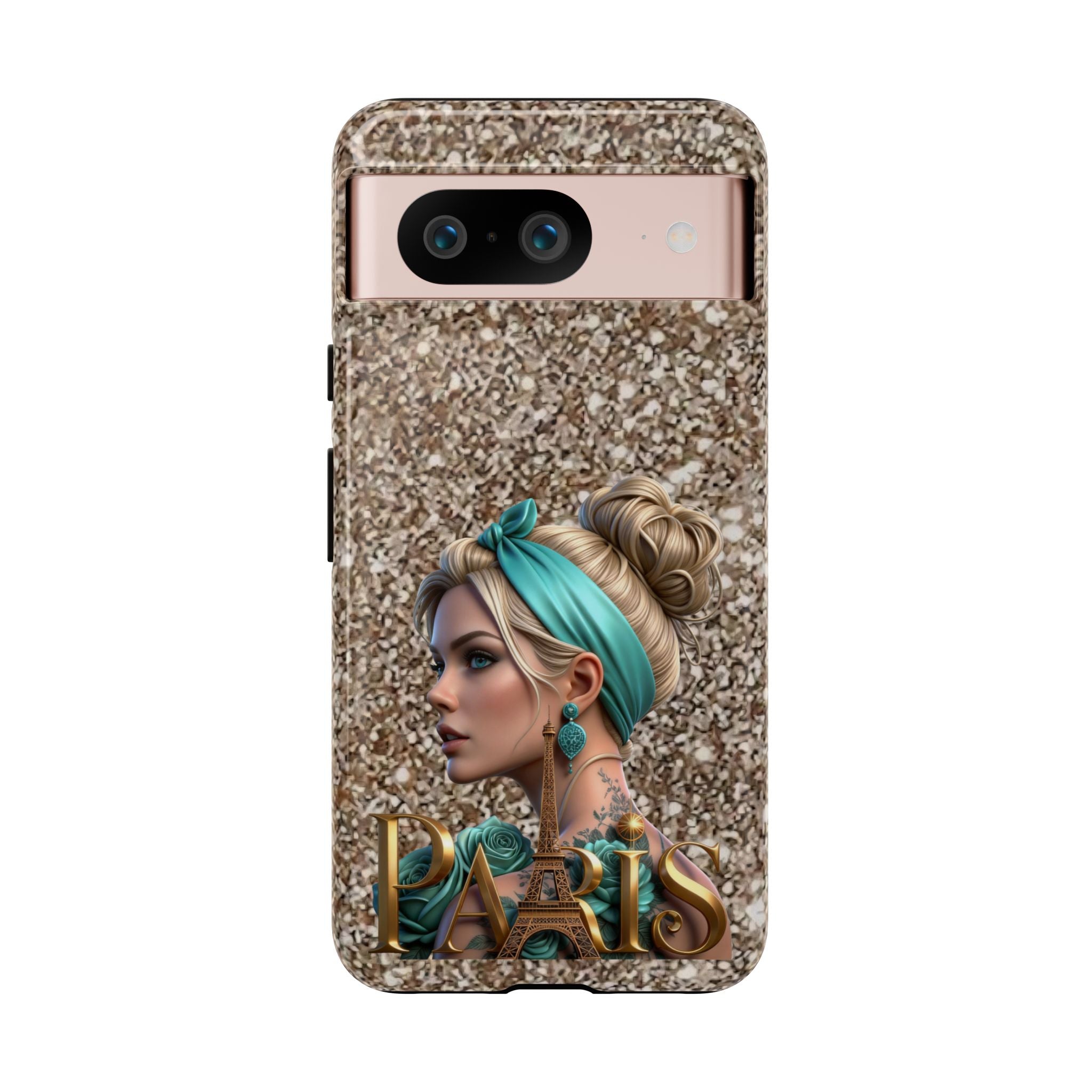 Parisian Glam Phone Case — Retro Pin-Up Girl with Teal Headscarf on Glitter Background Printify