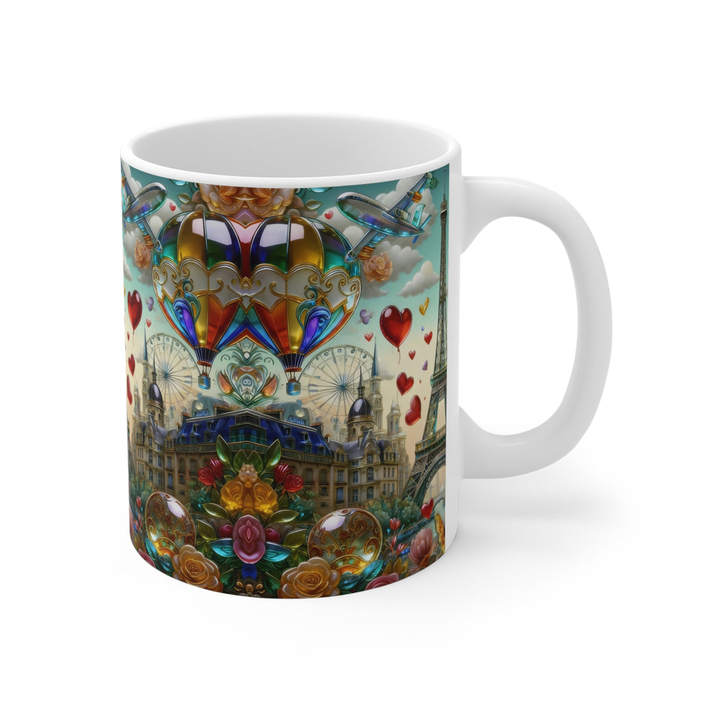 Paris Romance 11oz Ceramic Mug — Eiffel Tower, Hot Air Balloons & Love Hearts Printify