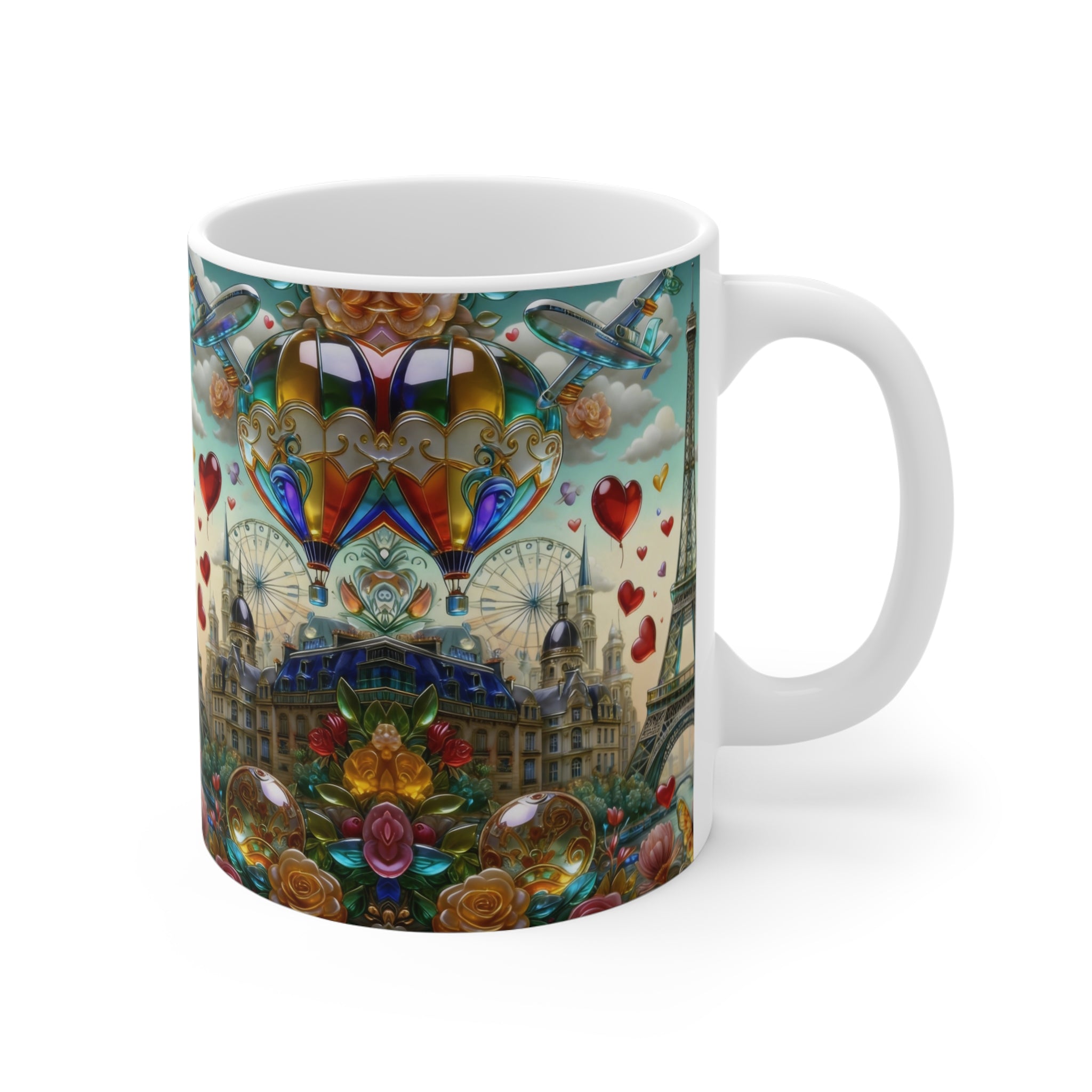 Paris Romance 11oz Ceramic Mug — Eiffel Tower, Hot Air Balloons & Love Hearts Printify