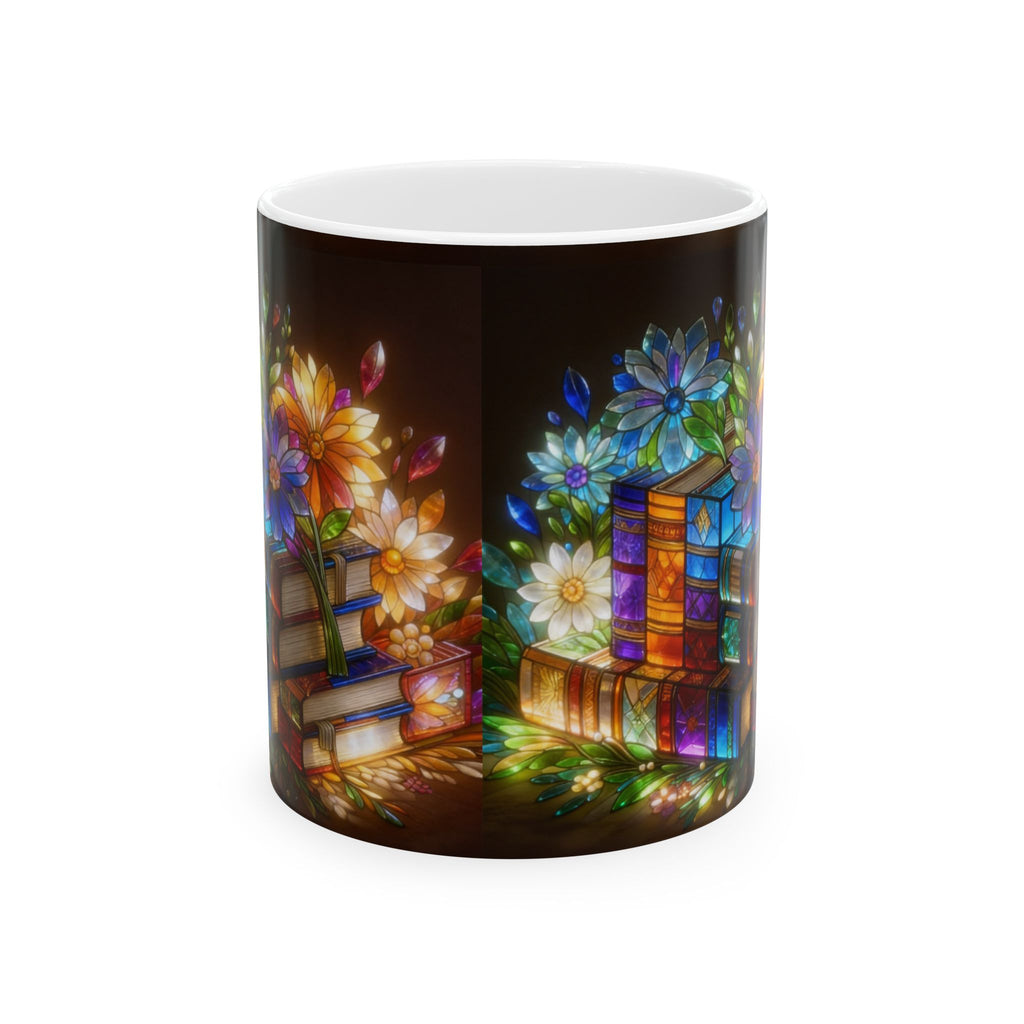 Color Glas Ceramic Mug — Stained Glass Books & Flowers Floral Reading Mug (11oz/15oz) Printify