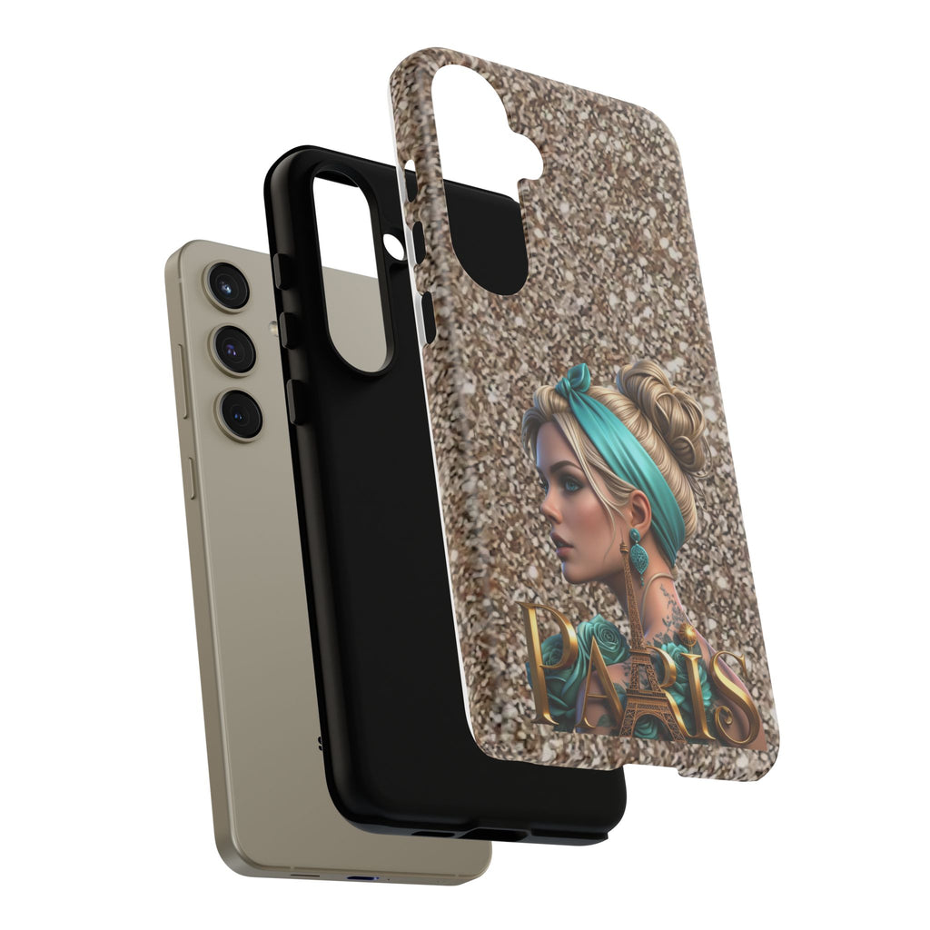 Parisian Glam Phone Case — Retro Pin-Up Girl with Teal Headscarf on Glitter Background Printify