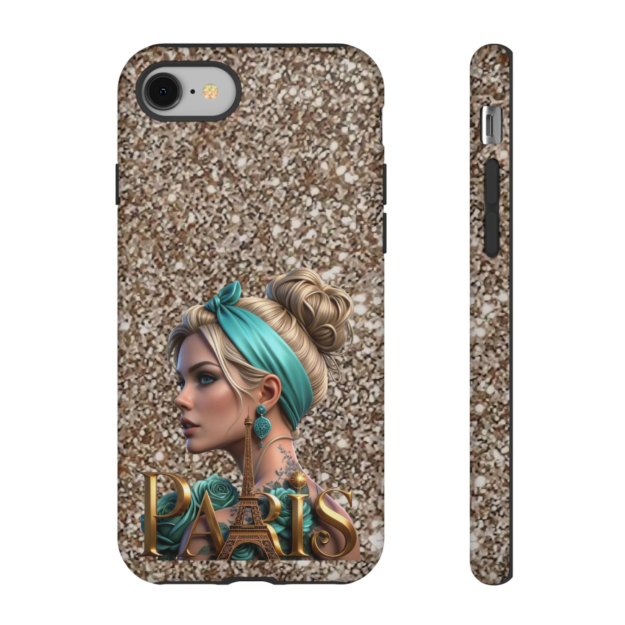 Parisian Glam Phone Case — Retro Pin-Up Girl with Teal Headscarf on Glitter Background Printify